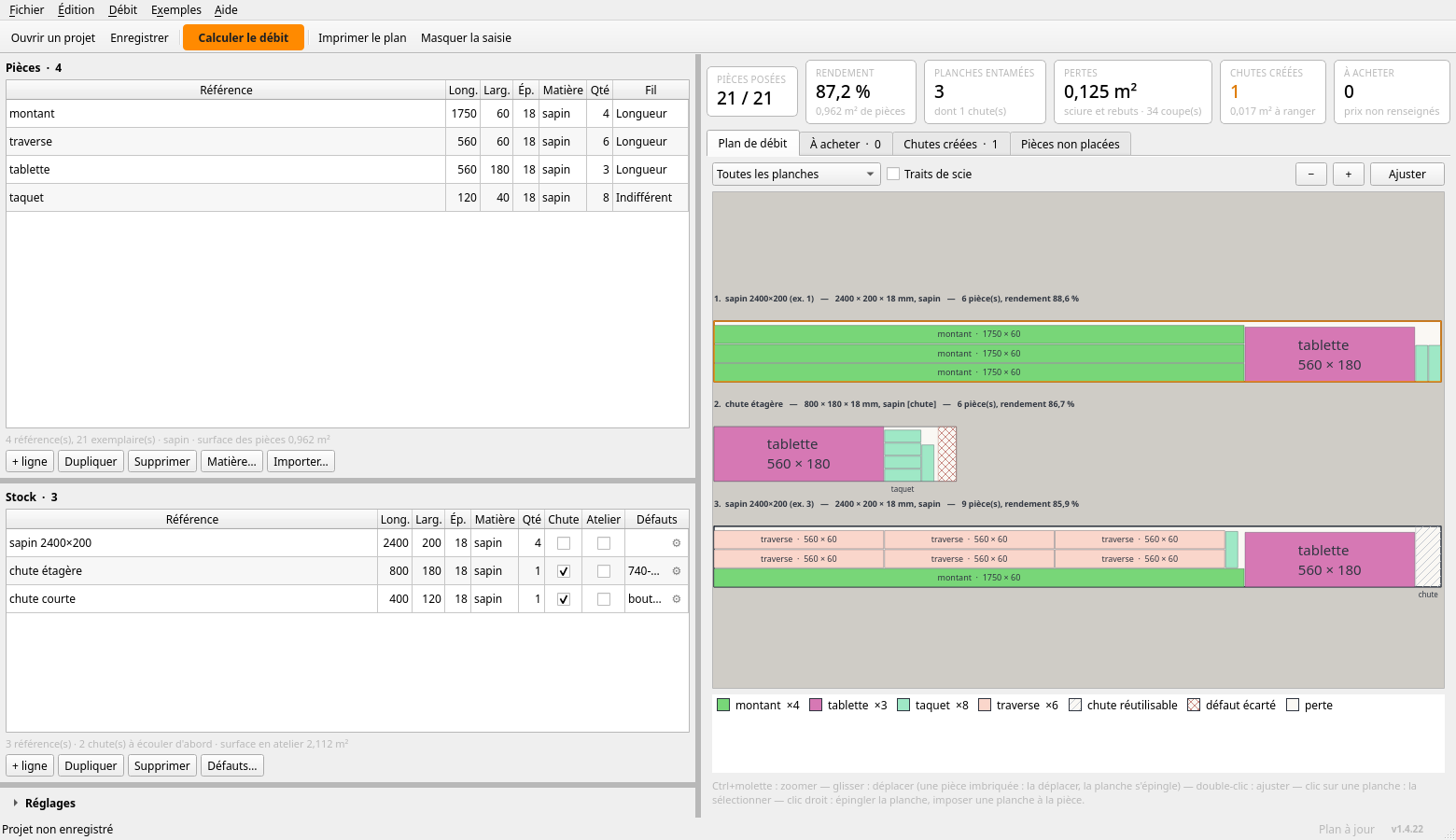 Les pièces et le stock du chutier l'un sous l'autre : trois lignes de stock dont deux cochées « Chute », une colonne Atelier, une colonne Défauts, et à droite un plan dont la deuxième planche est une chute d'étagère au nœud hachuré