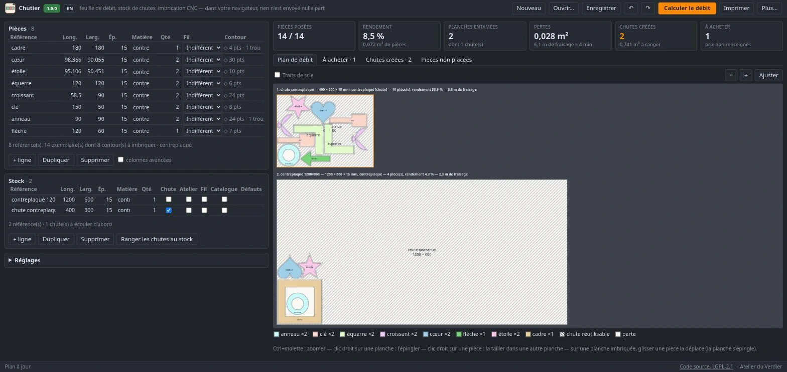 La version web du chutier dans Chrome, thème sombre : la pastille de version et le bouton EN dans la barre du haut, les tables de pièces et de stock à gauche, les tuiles de bilan et le plan des formes imbriquées à droite, dont une chute biscornue de 1200 × 600