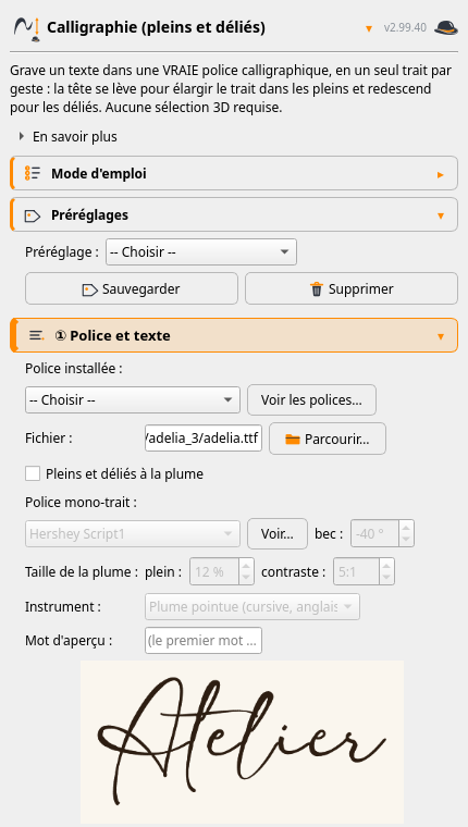 Le panneau Calligraphie : police, plume, contraste, épaisseur de trait