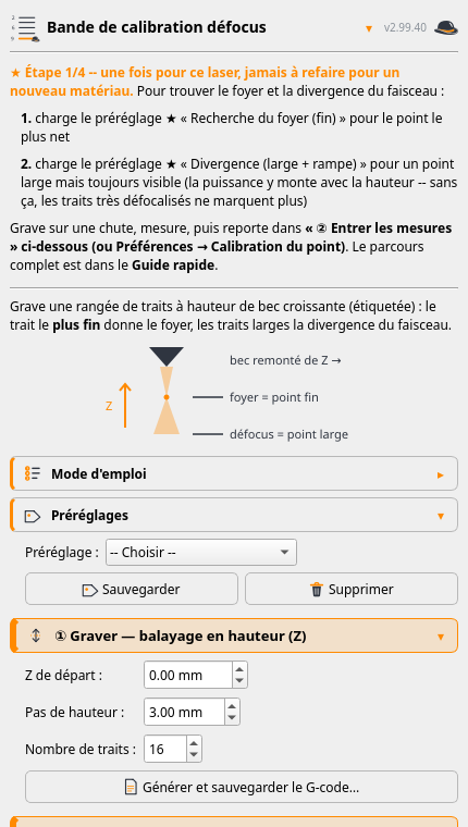 Le panneau Calibration défocus : bande de test, puis saisie des deux largeurs de point mesurées