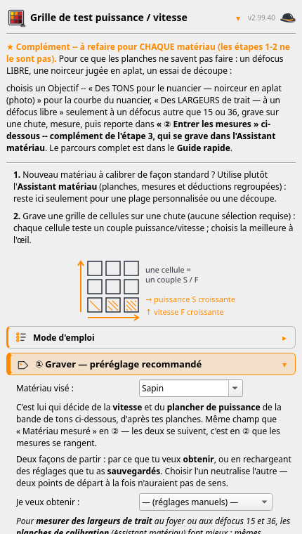 Le panneau Grille de test : plages de puissance et de vitesse, nombre de cases, étiquettes