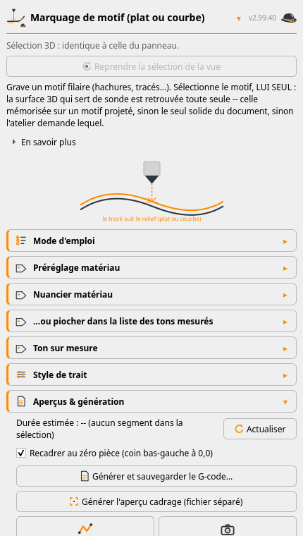 Le panneau Marquage sur surface courbe : suivi de relief, défocus, contrôle anti-collision