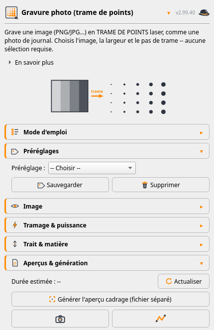 Le panneau Gravure photo : image, tramage, résolution, plages de puissance