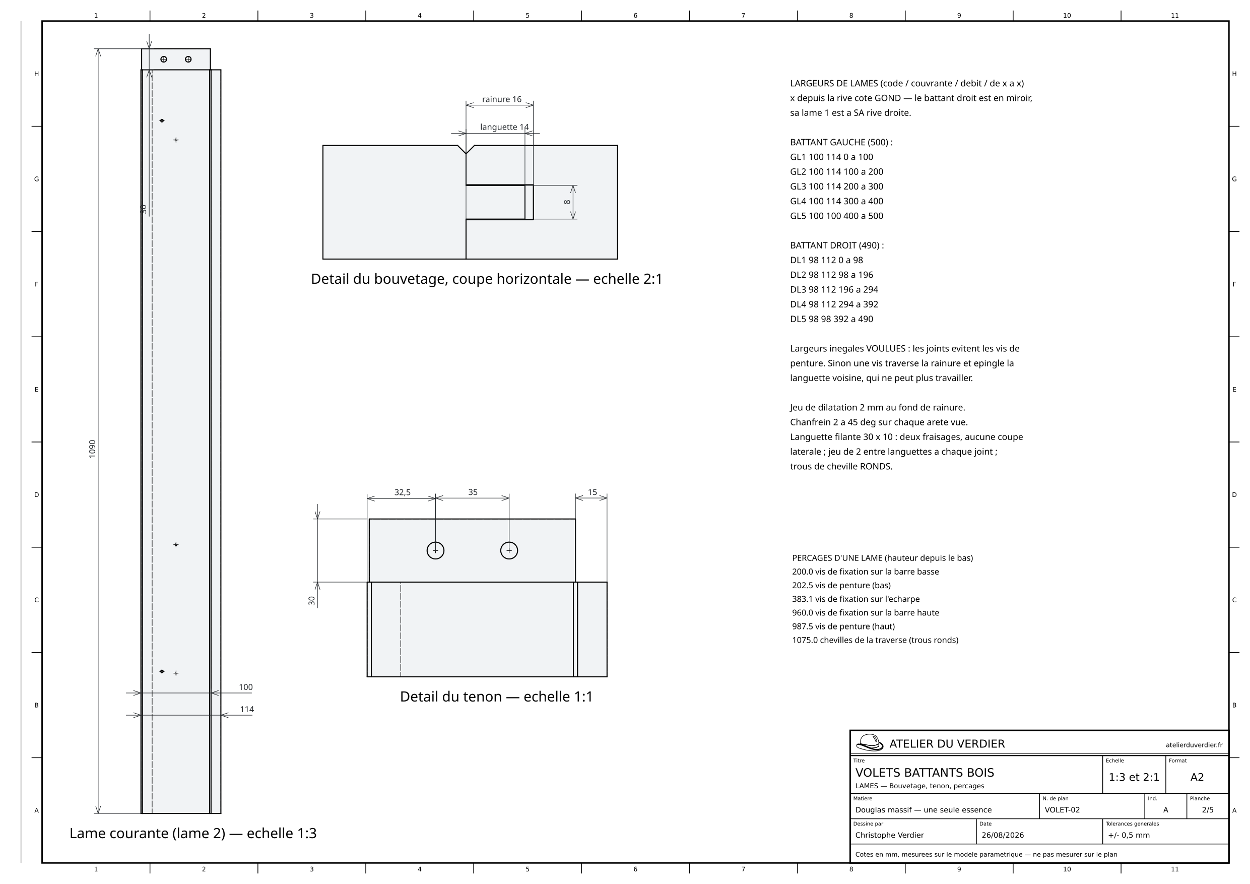 Planche 2 : une lame courante en entier, le détail du bouvetage en coupe horizontale, le détail du tenon, et la table des largeurs de lames