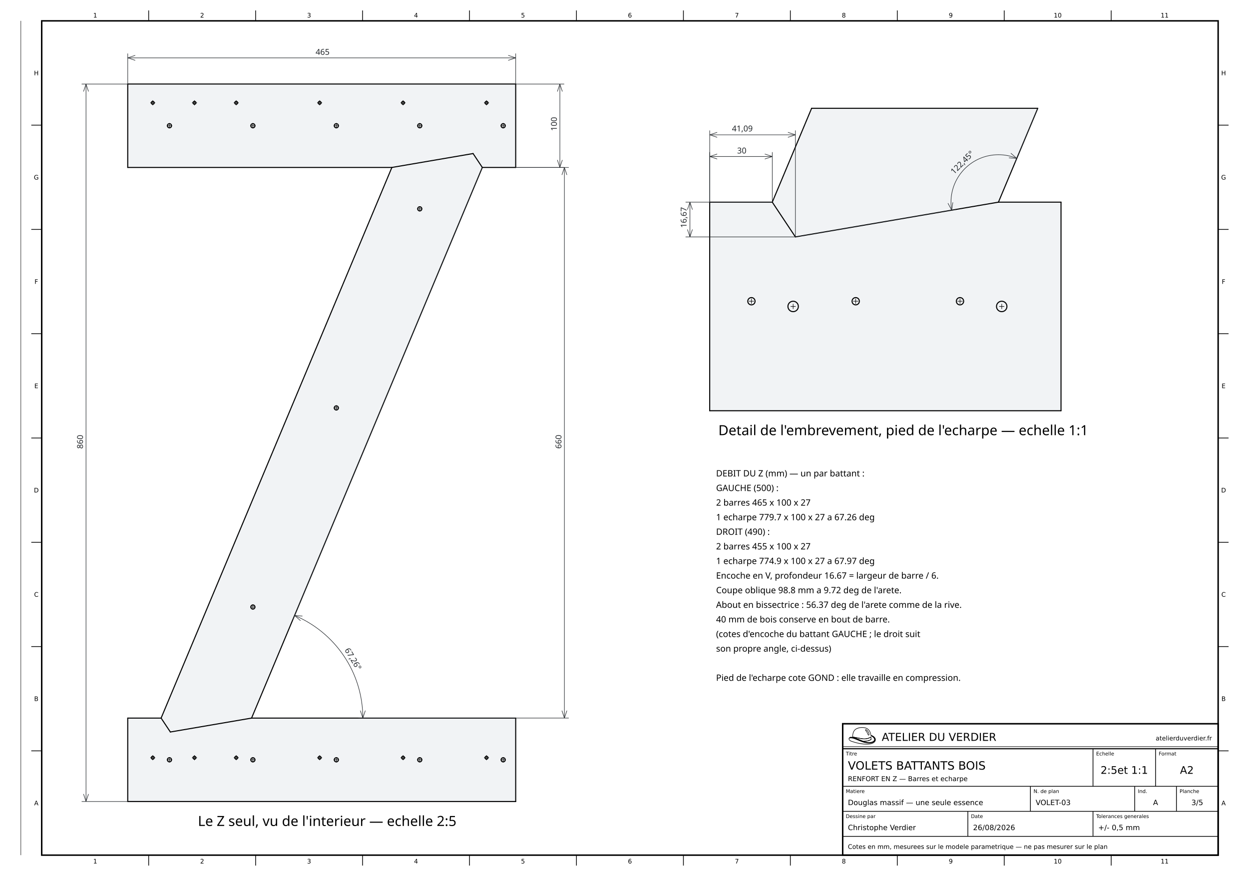 Planche 3 : le renfort en Z seul vu de l'intérieur avec l'angle de l'écharpe, et le détail de l'embrèvement au pied de l'écharpe