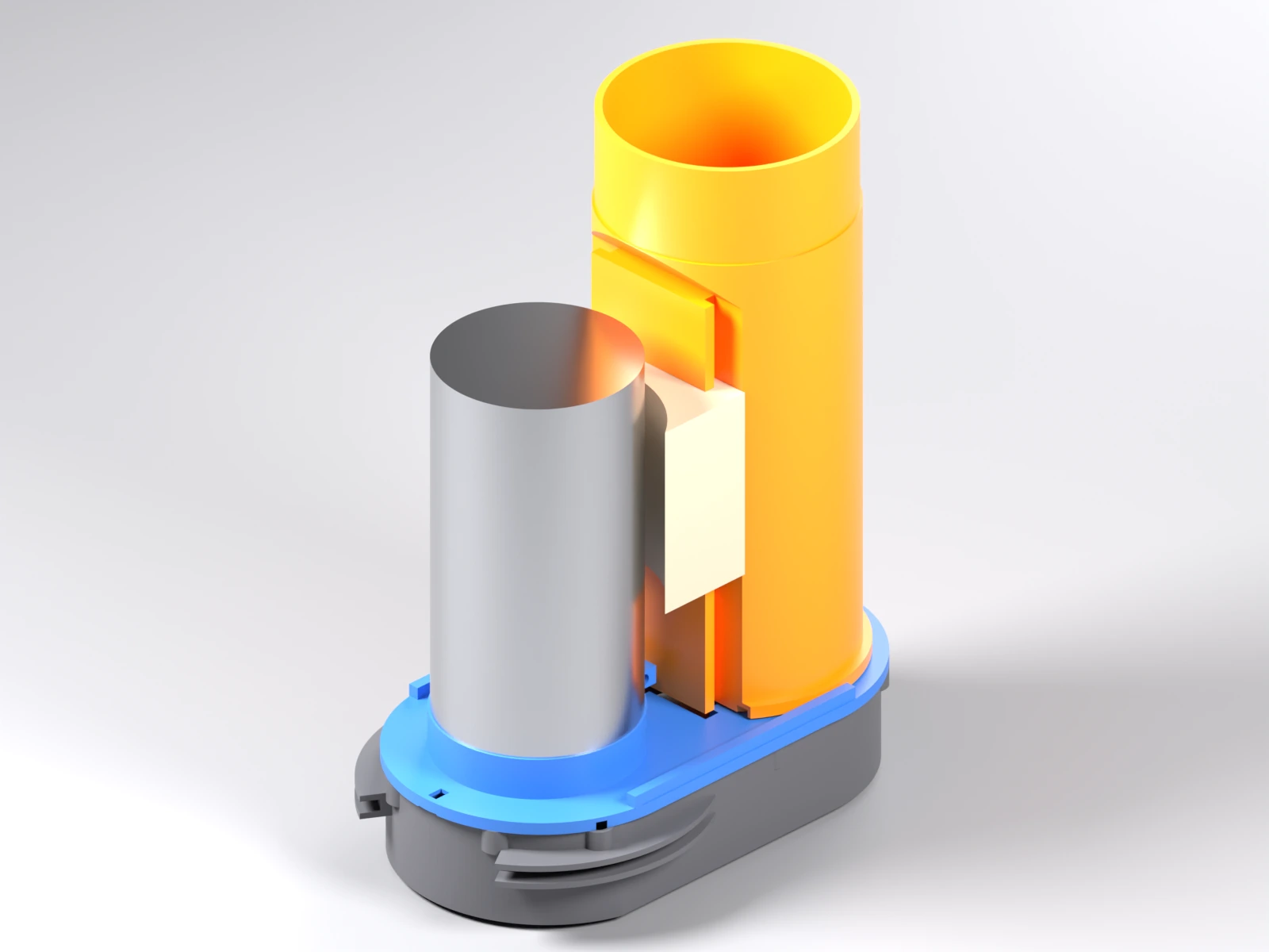 Rendu 3D de l'aspiration montée : la broche en gris, la semelle bleue serrée sur sa collerette, la brosse dessous, et l'adaptateur orange qui monte vers le tuyau