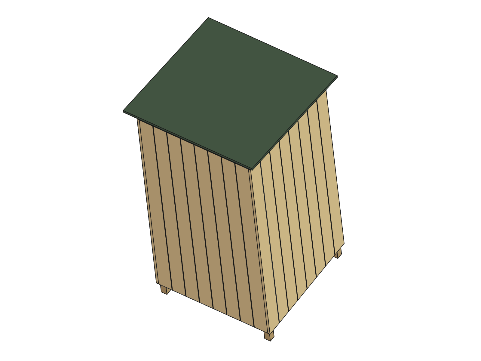 Vue 3D de l'armoire de jardin : bardage vertical à claire-voie, toit débordant, pieds