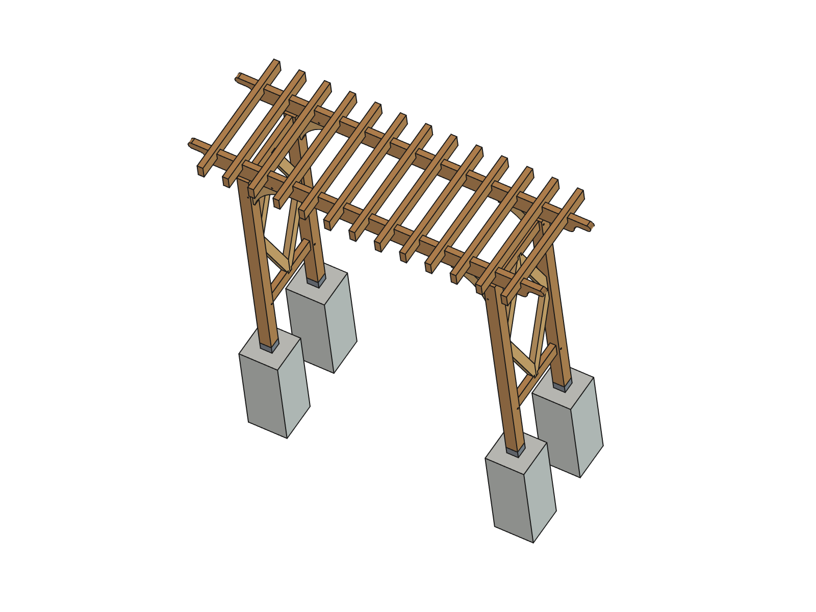 Vue 3D de la tonnelle montée : quatre poteaux sur plots béton, deux sablières, les chevrons du toit et les losanges décoratifs des flancs