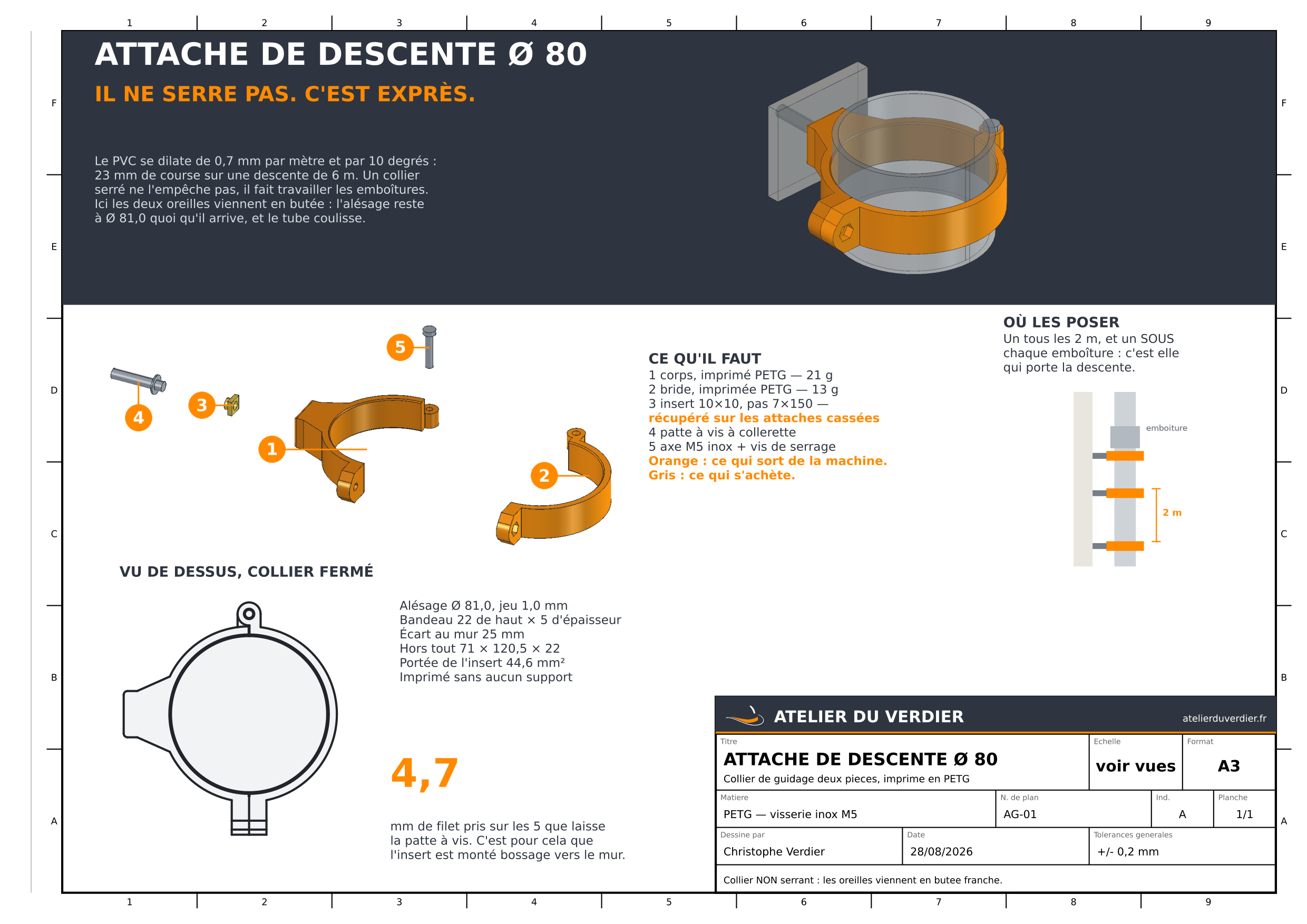 Planche A3 de l'attache de descente : rendu, éclaté numéroté, vue de dessus cotée